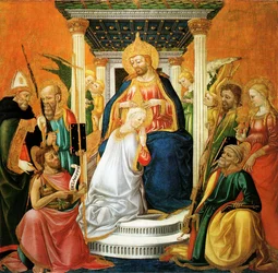 Krönung der Jungfrau, Tempera auf Tafel datiert 1476 und 1481, Werk von Neri di Bicci